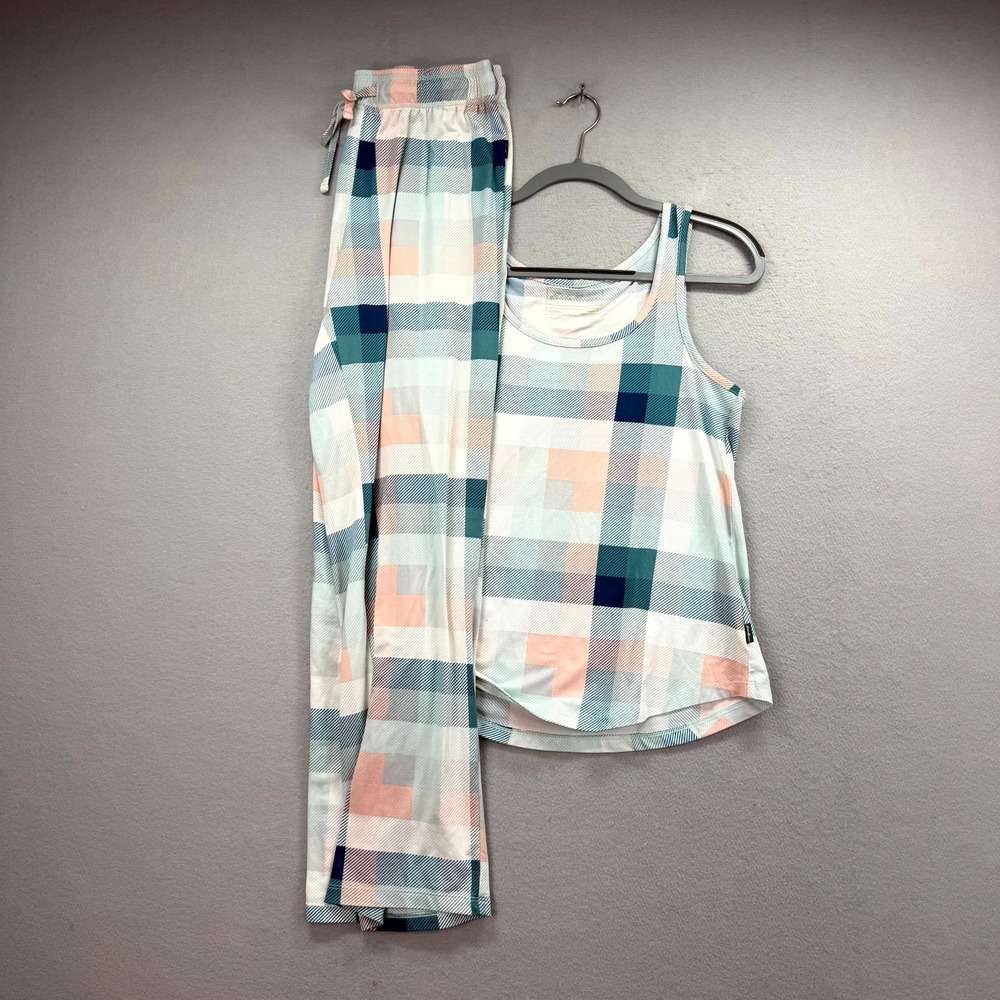 Eddie Bauer 2 Piece Pajama Set Top & Pants Womens Small Blue Pink Plaid PJs